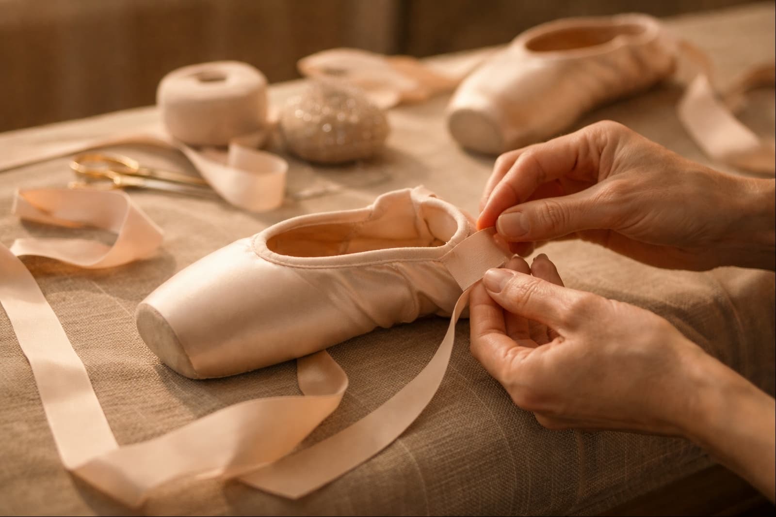 Close-up of hands preparing ribbon and elastic on pointe shoes.